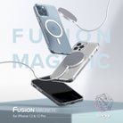 iPhone 12 / 12 Pro Case | Fusion Magnetic - Three clear iPhone cases floating with a magnetic wireless charger.