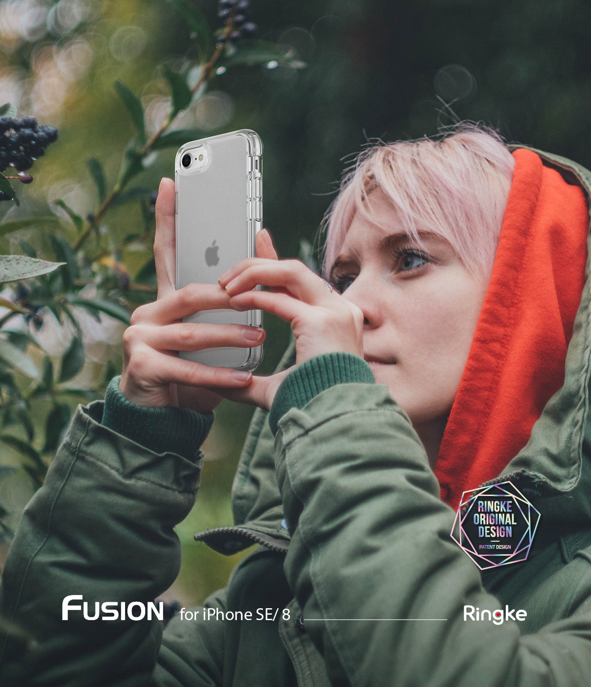 iPhone SE 2022 5G / SE 2020 / 8 Case | Fusion Matte - Person with pink hair taking a photo with a clear iPhone case outdoors.