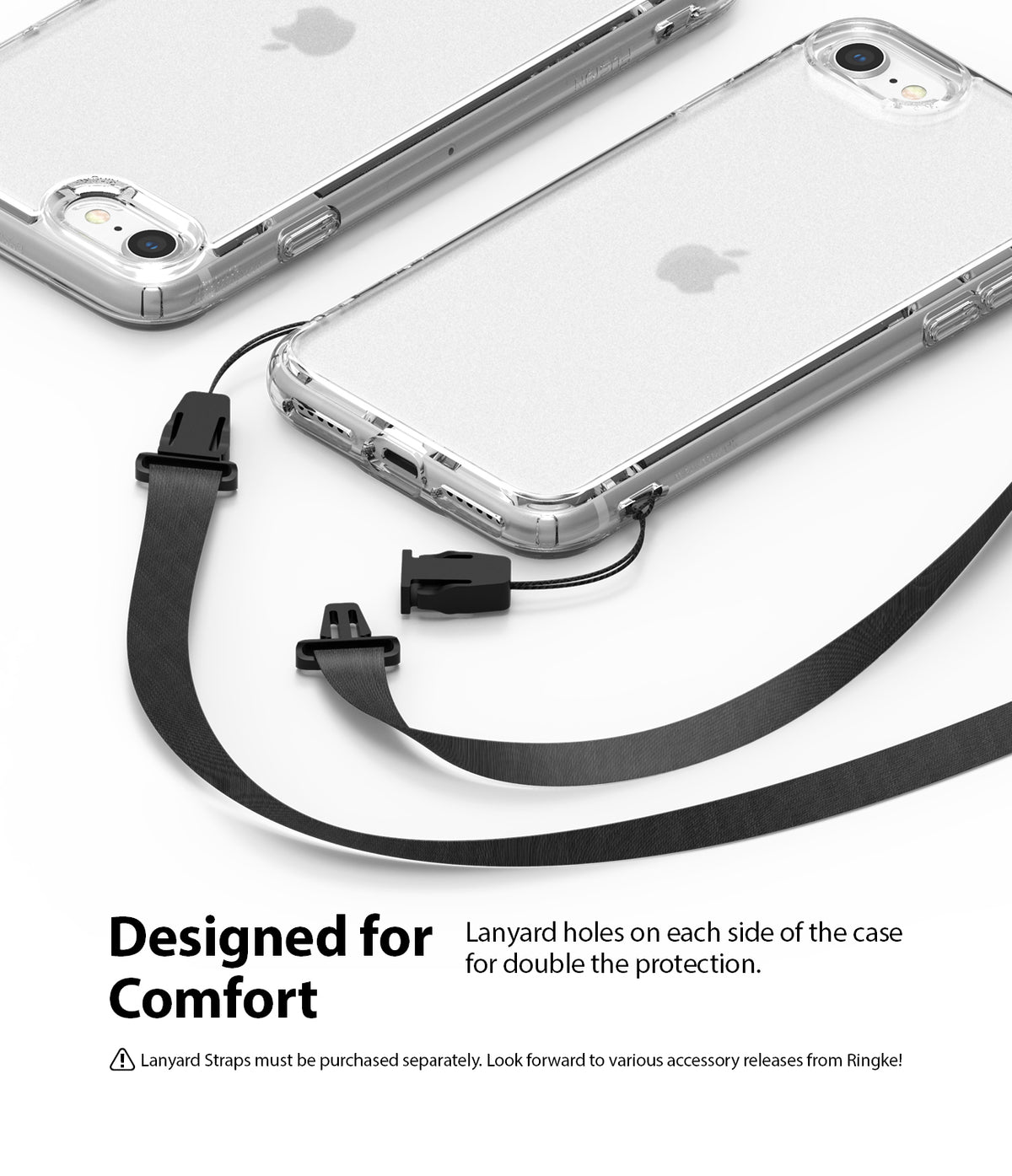 iPhone SE 2022 5G / SE 2020 / 8 Case | Fusion Matte - Two clear phone cases with black detachable lanyards attached to side holes.