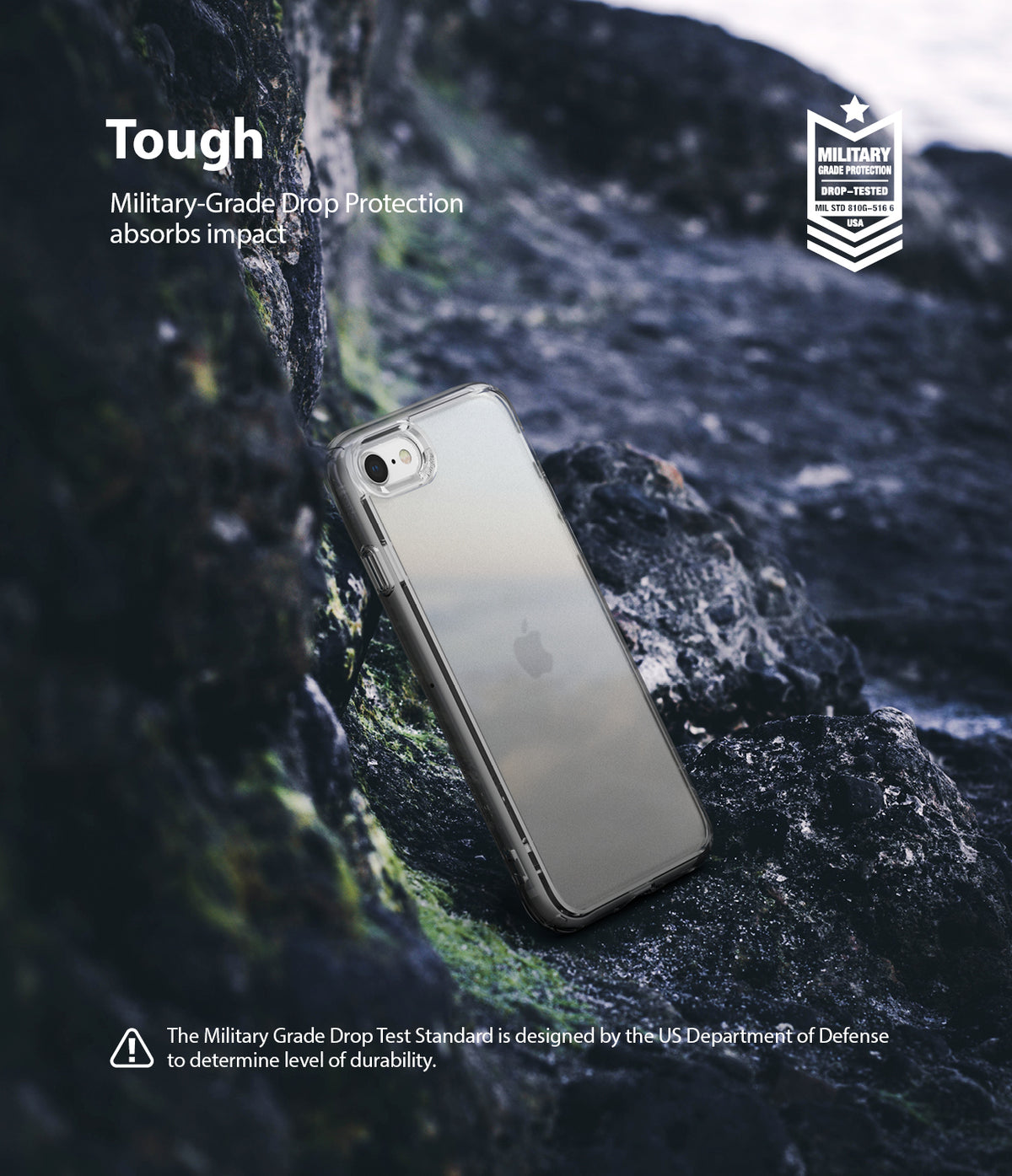 iPhone SE 2022 5G / SE 2020 / 8 Case | Fusion Matte - Matte clear phone case resting on dark, rugged rocks.