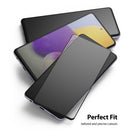 Galaxy A72 Screen Protector | Invisible Defender - Galaxy A72 Screen Protector - Transparent glass screen protector hovering over a Galaxy A72 smartphone on white background.