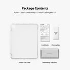 Fusion Plus + Outstanding | iPad - Clear tablet case, light gray stand, installation guide, and cleaning wipe.