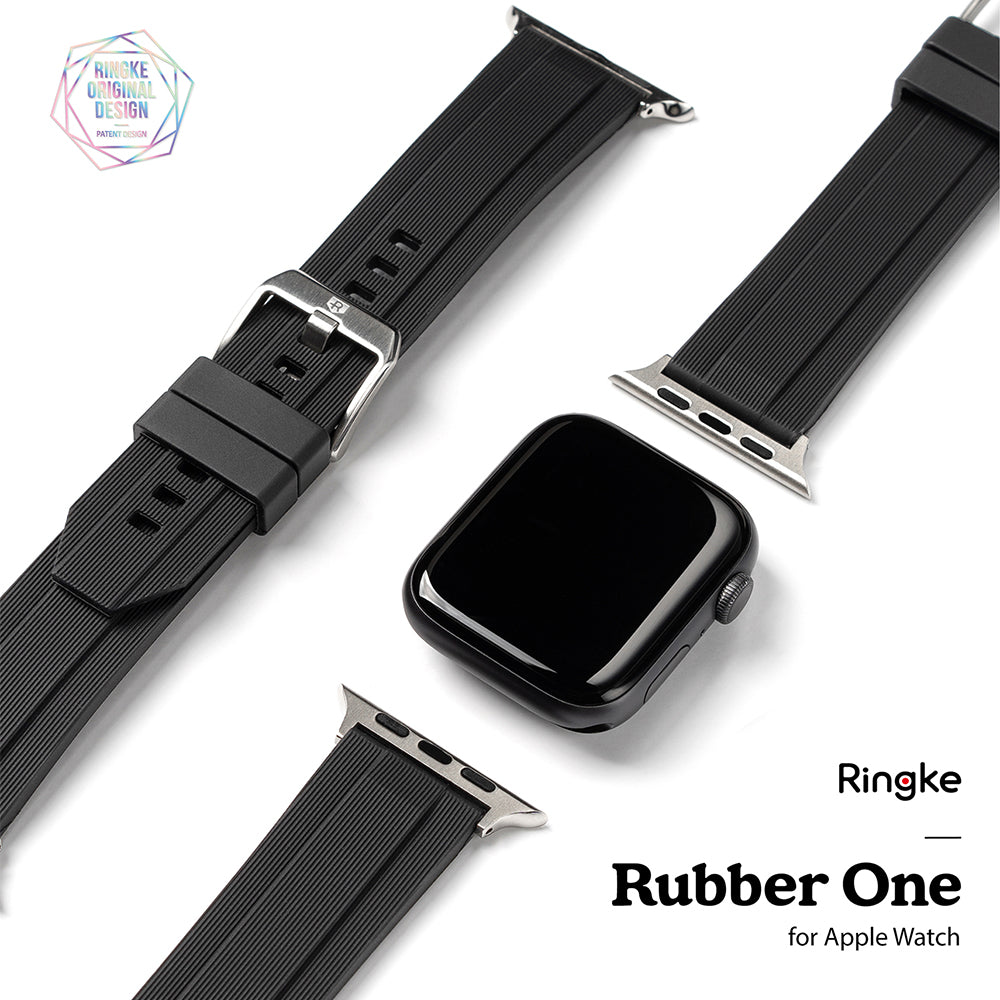 Apple Watch 49·46·45·44·42 mm | Rubber One Band - Black ribbed rubber watch band with metal buckle and Apple Watch case.