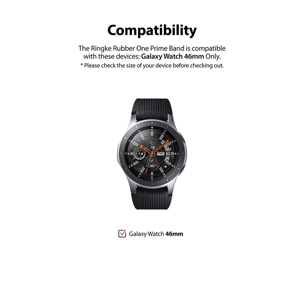 Galaxy Watch (46mm) | Rubber One Prime Band - A silver Galaxy Watch with a black ribbed rubber band on a white background.