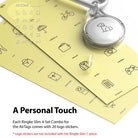 AirTag Case | Slim [4 Pack] - Clear - Clear AirTag case with a dog icon sticker, resting on a sheet of 20 item icons.