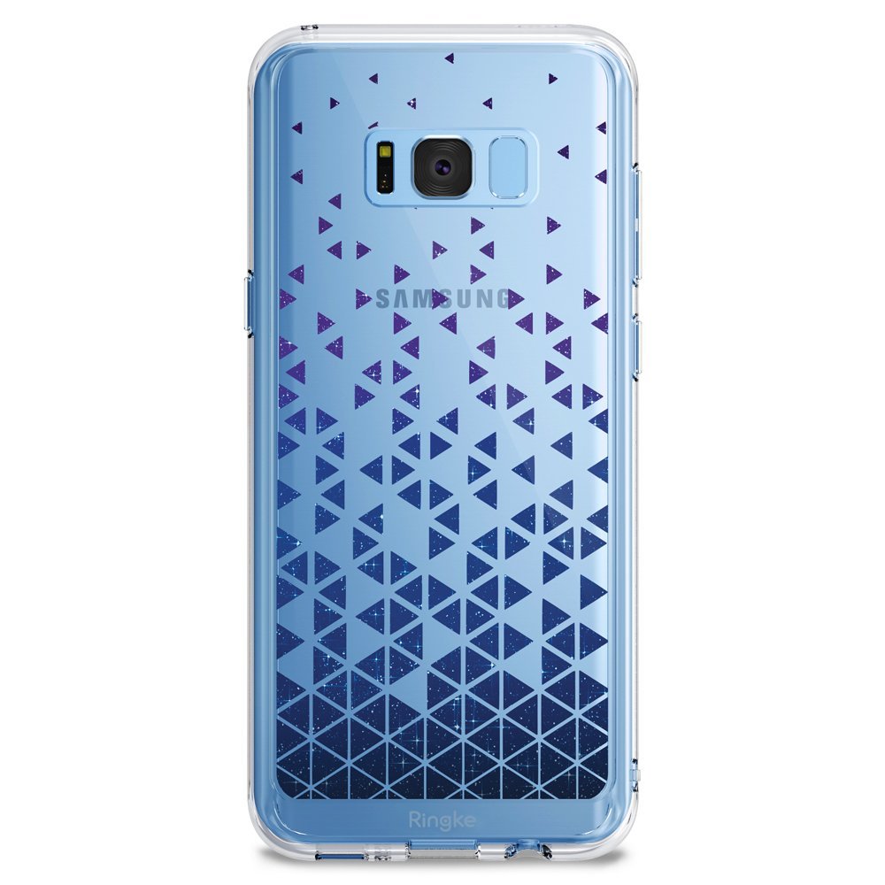 Galaxy S8 Case | Fusion Deco - Clear phone case with a blue gradient triangle pattern fading from dark bottom to light top.