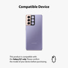 Galaxy S21 | Camera Styling - A purple Samsung Galaxy S21 with a black camera lens protector installed on the rear housing.