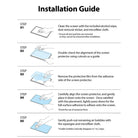 Tempered Glass | iPad - Five-step illustrated guide showing how to clean, align, and apply a screen protector to an iPad.