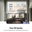 Galaxy A72 Screen Protector | Invisible Defender - Galaxy A72 Screen Protector - A clear screen protector hovering over a smartphone displaying a video, with purple earbuds.