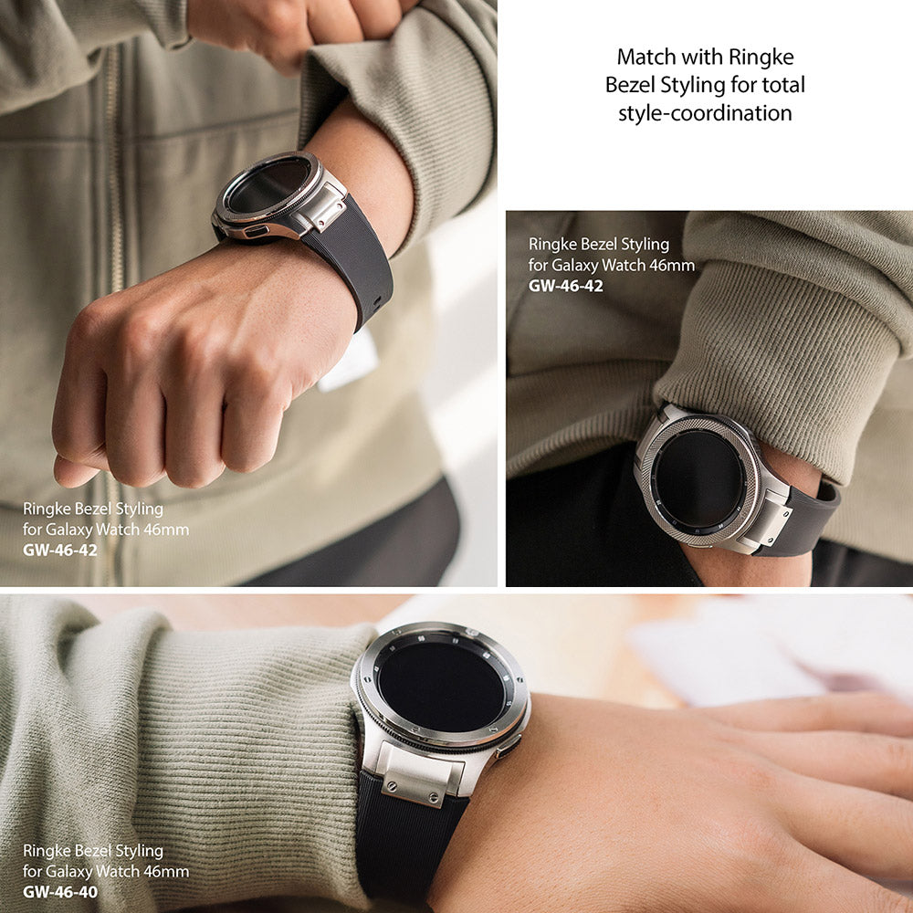 Galaxy Watch (46mm) | Rubber One Prime Band - Three close-up views of a silver Galaxy Watch with a black rubber band.