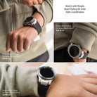 Galaxy Watch (46mm) | Rubber One Prime Band - Three close-up views of a silver Galaxy Watch with a black rubber band.