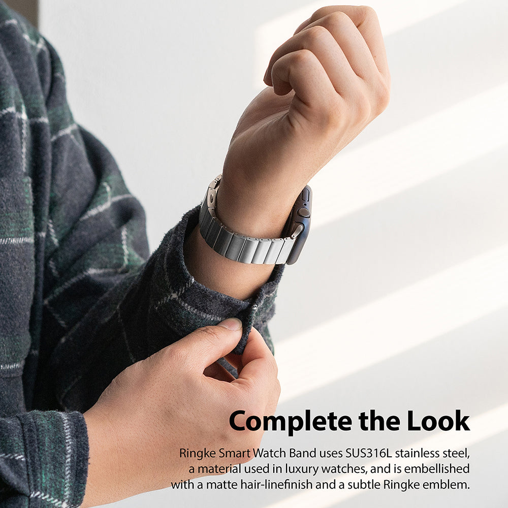 Apple Watch 49·46·45·44·42 mm | Metal One Band α - Silver - Apple Watch Metal One Band α - Silver - A person wearing a silver stainless steel link watch band on their wrist.