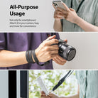 Lanyard Strap | Black - A black lanyard strap shown attached to a smartphone, a camera, and a small electronic device.