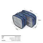 Travel Organizer Pouch - Two navy blue zippered pouches with mesh fronts and labeled dimensions on a white background.