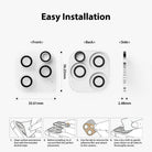 iPhone 13 Pro / 13 Pro Max | Camera Protector Glass [3 Pack] - iPhone 13 Pro / 13 Pro Max | Camera Protector Glass - Installation guide showing dimensions and four-step process.