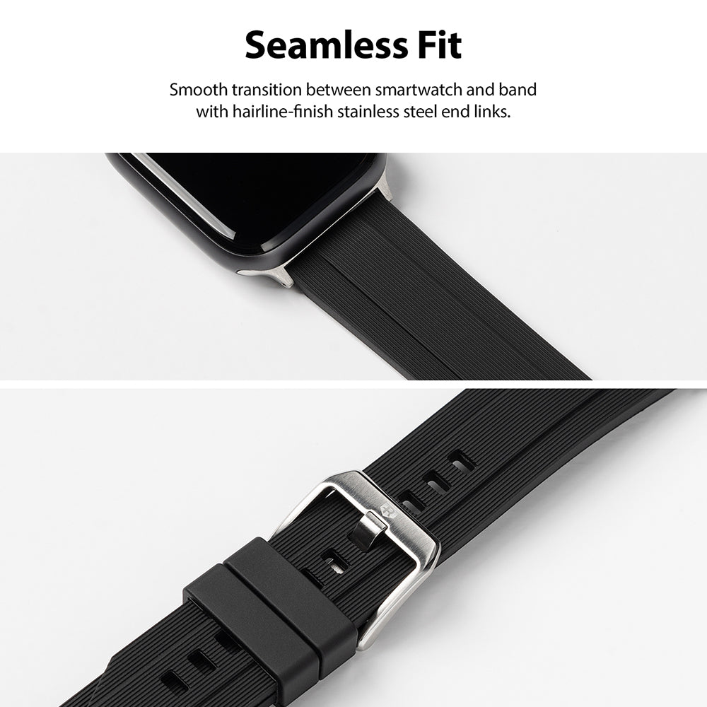 Apple Watch 49·46·45·44·42 mm | Rubber One Band - Close-up of black ribbed rubber watch band with stainless steel end links.