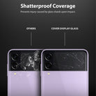Galaxy Z Flip 3 Screen Protector | Cover Display Glass [3 Pack] - Galaxy Z Flip 3 Screen Protector - Comparison showing shattered standard glass versus crack-resistant cover display glass.