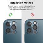 iPhone 12 Pro | Camera Protector Glass [3 Pack] - iPhone 12 Pro | Camera Protector Glass - Comparison showing correct alignment of camera protector over flash lens.