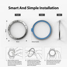 Xiaomi Mi Watch 46mm | Bezel Styling 46-01 - Front, back, and side views of a watch bezel with three-step installation guide.