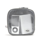 Travel Organizer Pouch - A grey mesh zippered pouch containing a white digital music player and a white power bank.