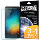 Redmi Note 2 Screen Protector | Invisible Defender - Redmi Note 2 Screen Protector - Smartphone next to Invisible Defender 3+1 pack packaging with product features listed.