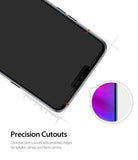 LG G7 ThinQ Screen Protector | Invisible Defender Glass - LG G7 ThinQ Screen Protector - Close-up of phone screen with precise cutouts for the speaker, camera, and sensors.