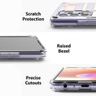 Galaxy A32 4G Case | Fusion Design - Seoul - Three close-up views of a clear phone case highlighting scratch protection, raised bezels, and precise port cutouts.