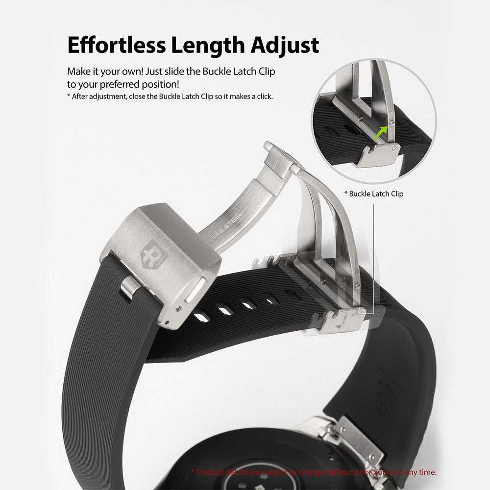 Galaxy Watch (46mm) | Rubber One Prime Band - Close-up of a black rubber watch band with a stainless steel adjustable buckle latch clip.