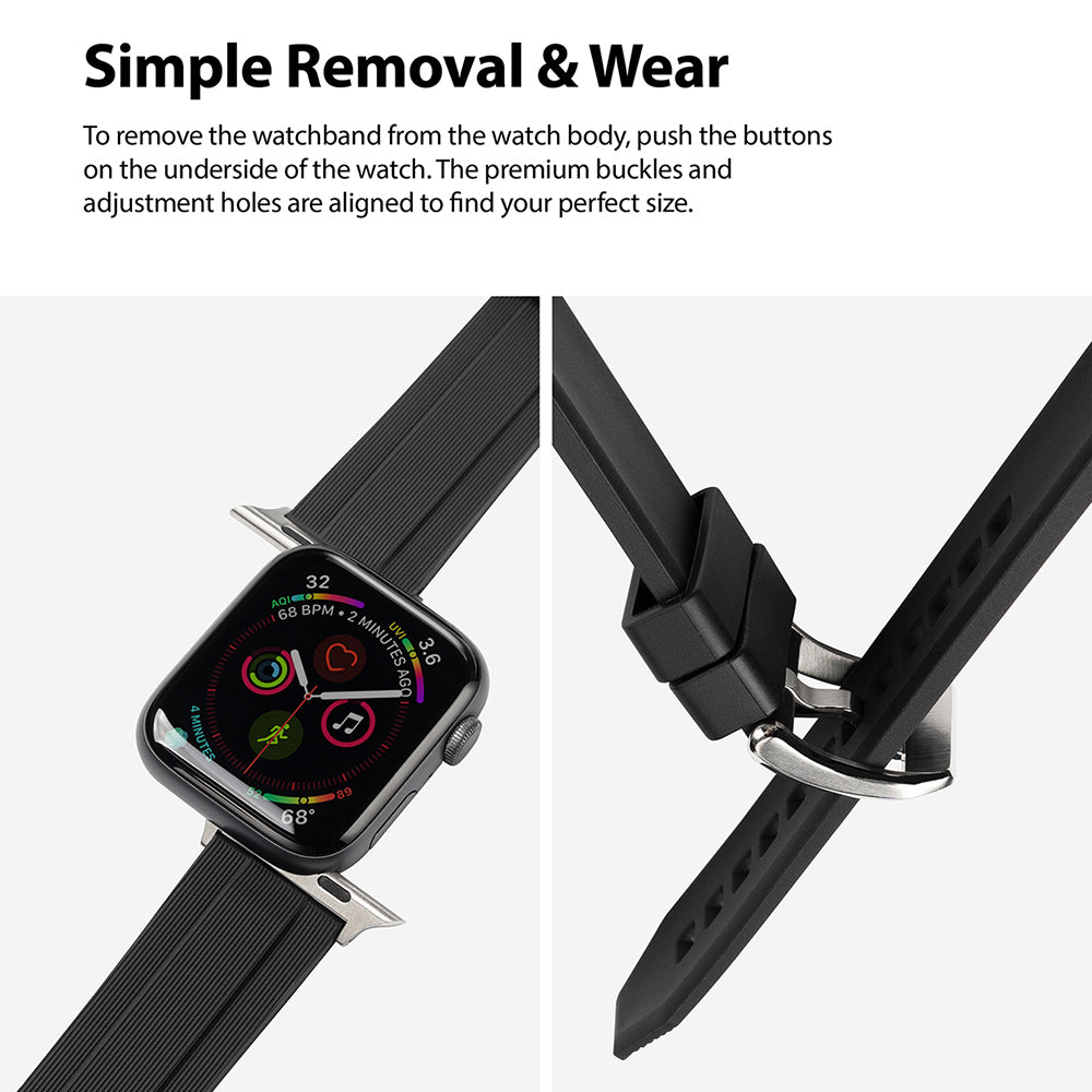 Apple Watch 49·46·45·44·42 mm | Rubber One Band - Split view showing an Apple Watch with a black rubber band and its buckle.