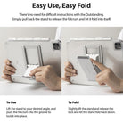 Fusion Plus + Outstanding | iPad - Hands demonstrating how to fold and unfold the iPad stand on a clear protective case.