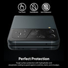 Galaxy Z Flip 3 Screen Protector | Cover Display Glass [3 Pack] - Galaxy Z Flip 3 Screen Protector - Folded phone with water droplets and fingerprint icons highlighting protective features.