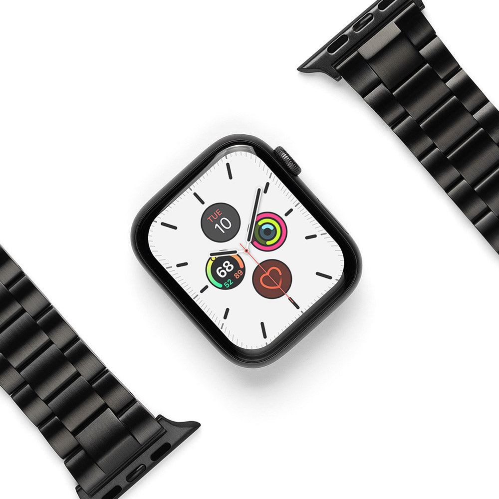 Apple Watch 49·46·45·44·42 mm | Metal One Band - Black metal link watch band detached from a black Apple Watch.