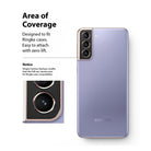 Galaxy S21 | Camera Styling - A purple Galaxy S21 with a rose gold camera lens protector and a close-up detail view.