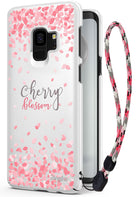 Galaxy S9 Case | Slim (Cherry Blossom) - White phone case with pink petal pattern, "cherry blossom" text, and a lanyard.