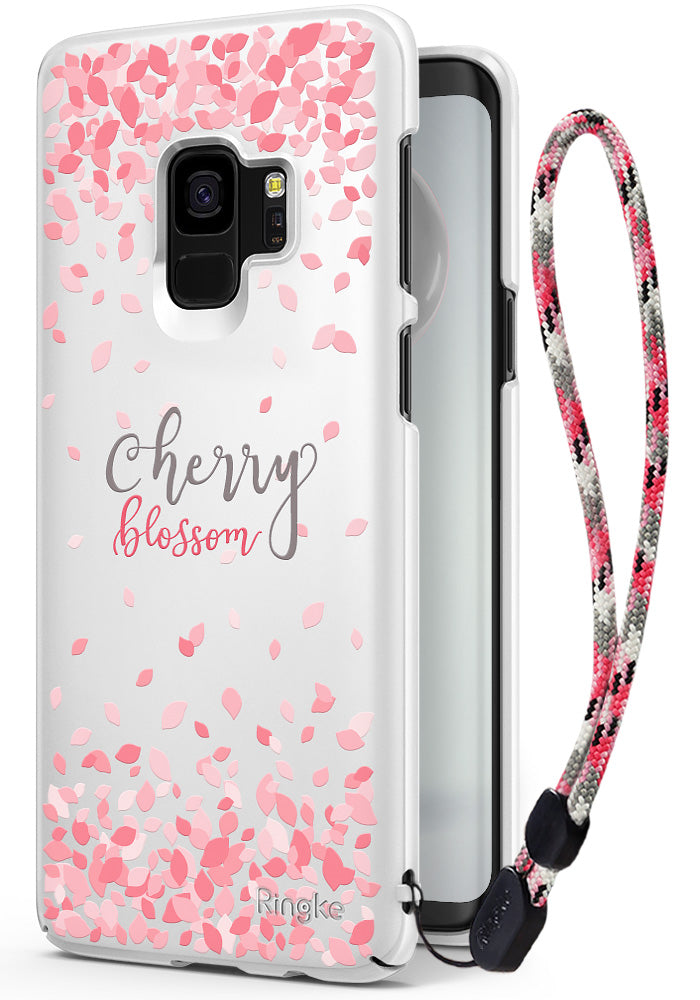 Galaxy S9 Case | Slim (Cherry Blossom) - White phone case with pink petal pattern, "cherry blossom" text, and a lanyard.