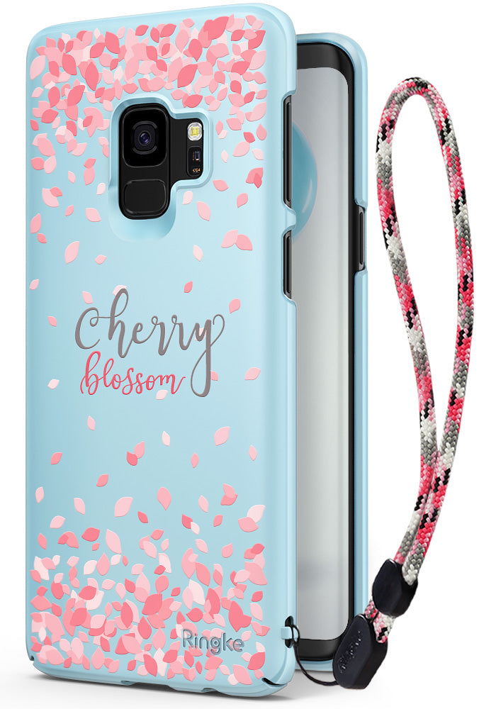 Galaxy S9 Case | Slim (Cherry Blossom) - Light blue phone case with pink petal pattern, script text, and wrist strap.