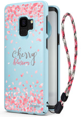 Galaxy S9 Case | Slim (Cherry Blossom) - Light blue phone case with pink petal pattern, script text, and wrist strap.