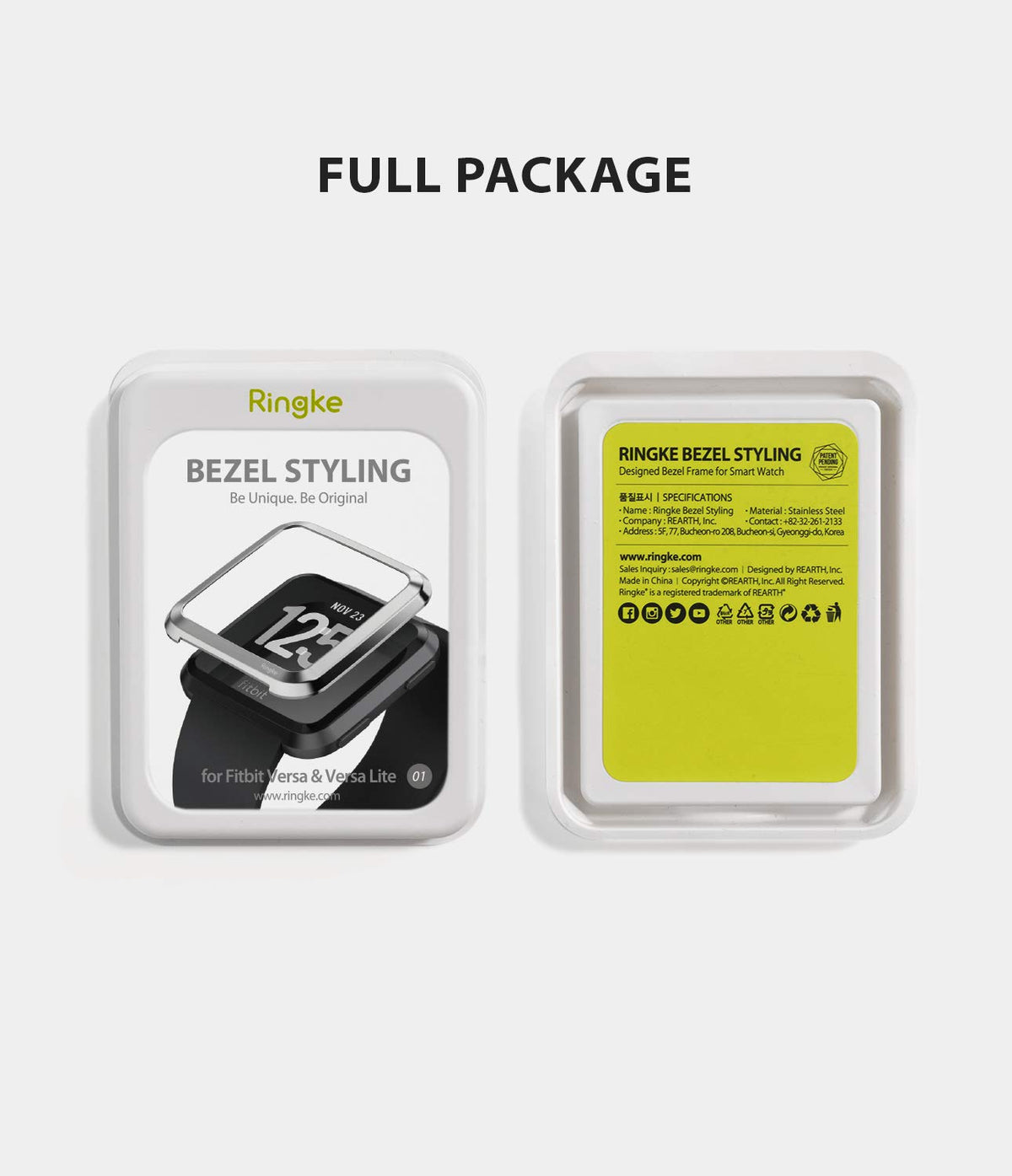 Fitbit Versa | Bezel Styling 01 - Ringke bezel styling packaging for Fitbit Versa, showing product front and back labels.