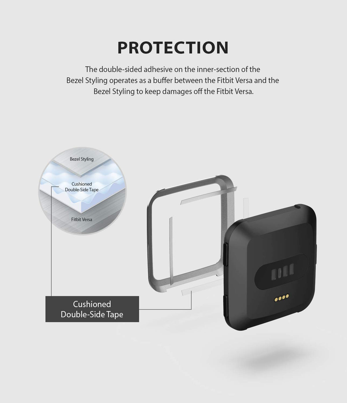 Fitbit Versa | Bezel Styling 01 - Diagram showing adhesive tape between a Fitbit Versa watch and a protective bezel.