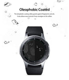 Galaxy Watch 46mm Screen Protector | Glass - Smartwatch with split-screen showing fingerprint resistance vs water.