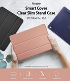 Smart Cover Clear Slim Stand | iPad - Hands holding a rose gold iPad case with black and clear case options shown.