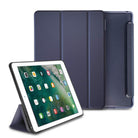 Smart Cover Clear Slim Stand | iPad - A dark blue folding iPad case shown both closed and propped up as a stand for an iPad.