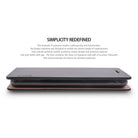 LG G5 Case | Signature - Black - A black leather wallet-style phone case shown closed with descriptive marketing text above.