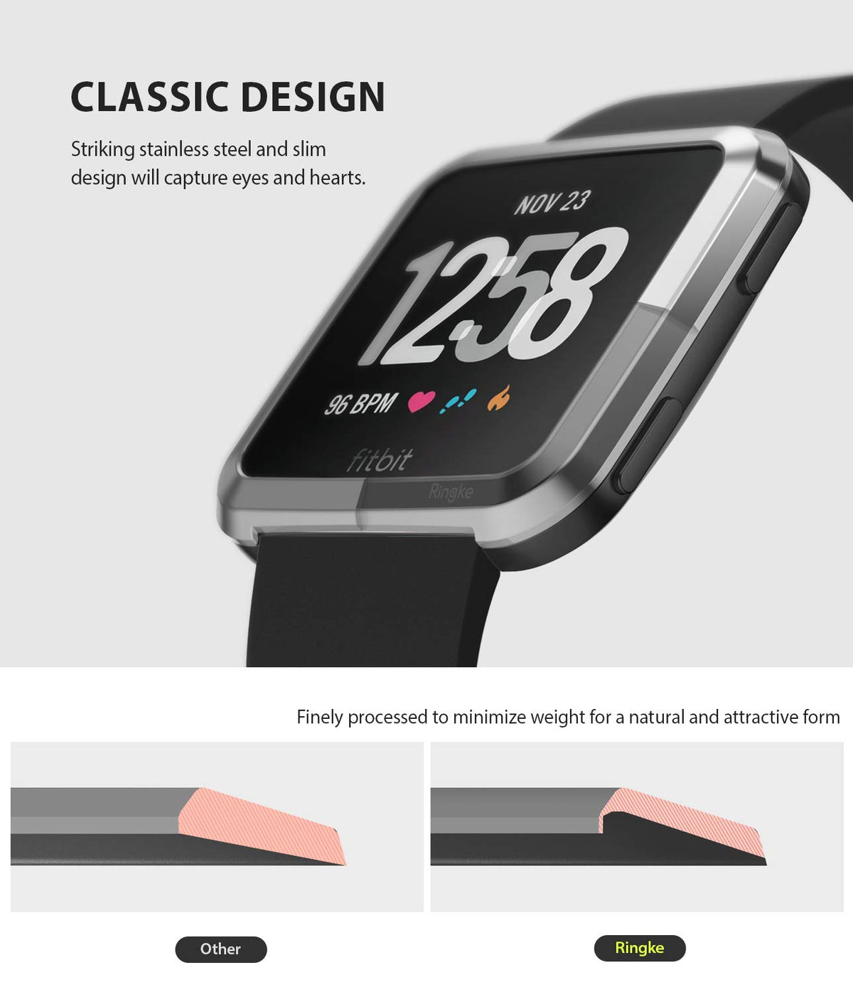 Fitbit Versa | Bezel Styling 01 - Stainless steel bezel on a Fitbit Versa with a comparison diagram showing a slim profile.