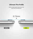 iPhone XR Camera Protector Glass [3 Pack] - iPhone XR Camera Protector Glass - Diagram showing a 0.15mm thin glass protector applied to an iPhone camera lens.