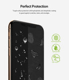 iPhone XS Max Screen Protector | Dual Easy Film - iPhone XS Max Screen Protector - Smartphone with water droplets on screen and icons for anti-fingerprint and hydrophobic features.