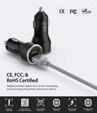 RealX2 Quick Charge 3.0 - Two black Ringke car chargers, one with a connected USB cable, plus safety certification icons.