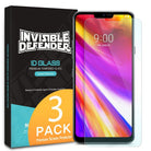 LG G7 ThinQ Screen Protector | Invisible Defender Glass - LG G7 ThinQ Screen Protector - Invisible Defender 3-pack tempered glass protector next to its branded product box.