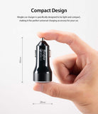 RealX2 Quick Charge 3.0 - Hand holding a compact black Ringke car charger with 66mm height and 28mm width dimensions.