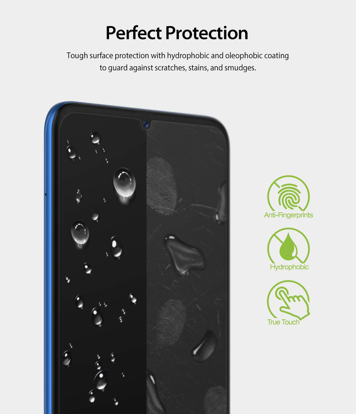 Galaxy A20 Screen Protector | Dual Easy Film - Galaxy A20 Screen Protector - Smartphone screen with water droplets and icons showing anti-fingerprint and hydrophobic features.